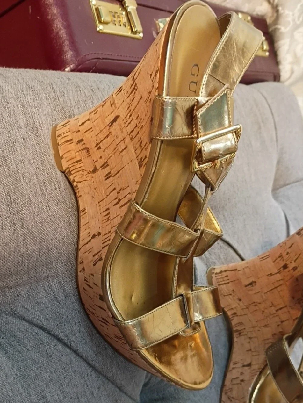 GUESS Gold Metallic Strappy Wedge Sandals